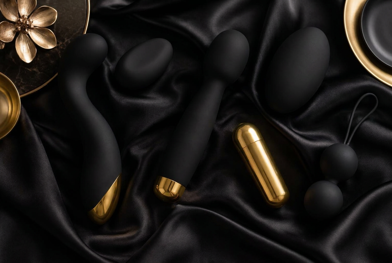 The Syn collection on rich black satin with gold details